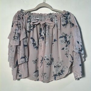 MISA Fairy Romance Floral Off Shoulder Tier Ruffle SLV Reverse Hi-Lo Bow Top S